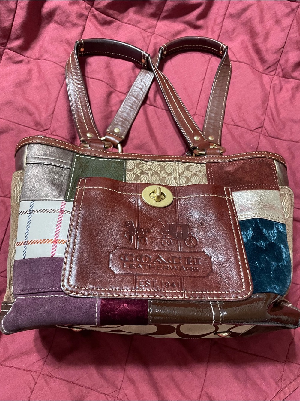 Coach Patchwork Shoulder Tote — Brown, Green, Blue, Burgundy, Cream
